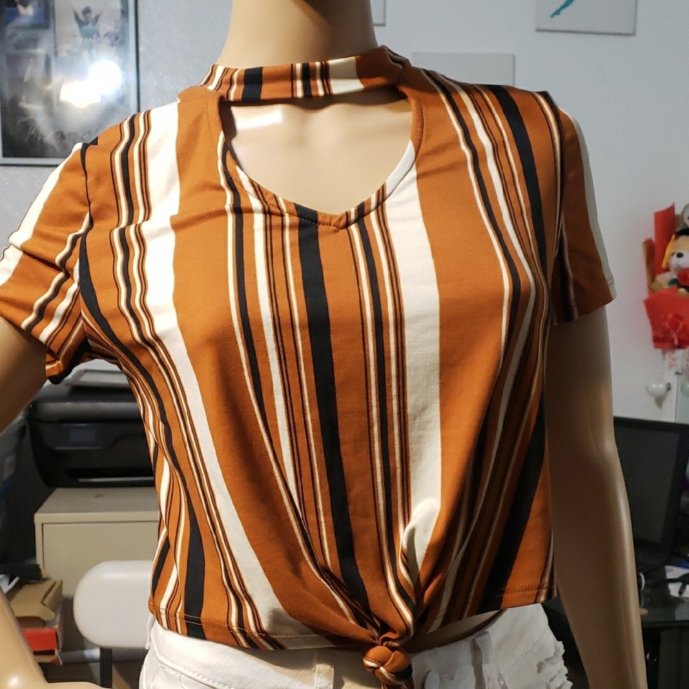 Striped Knot-Front Top - Orange, Black, White